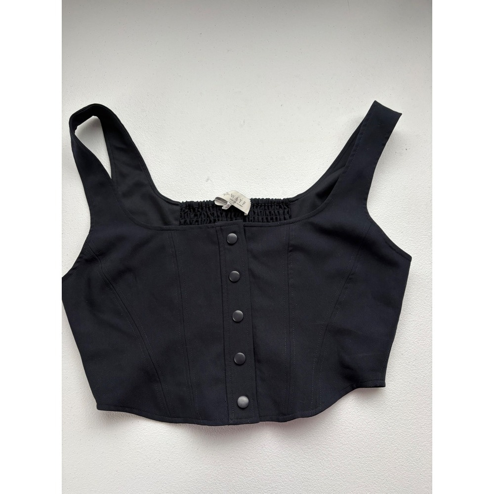 WAYF Navy Blue Button Front Smocked Back Corset Crop Top Large